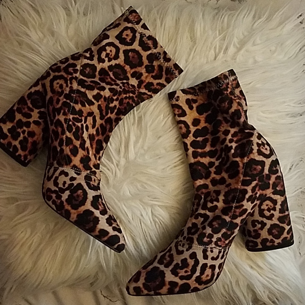 Leopard print block heel sock booties